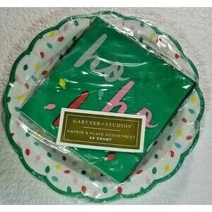 Holiday Plates & Napkin Set Ho Ho Ho Gartner Studios 24 Count Holiday Bulbs NEW